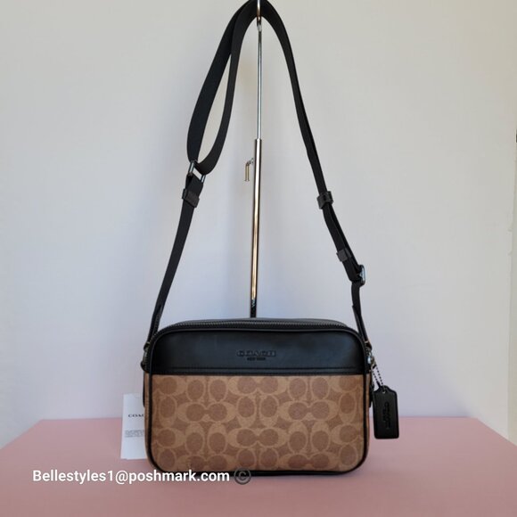 COACH Unisex Graham Signature Canvas & Leather Crossbody Bag -Tan/Black color🎈⭐ - Picture 5 of 16